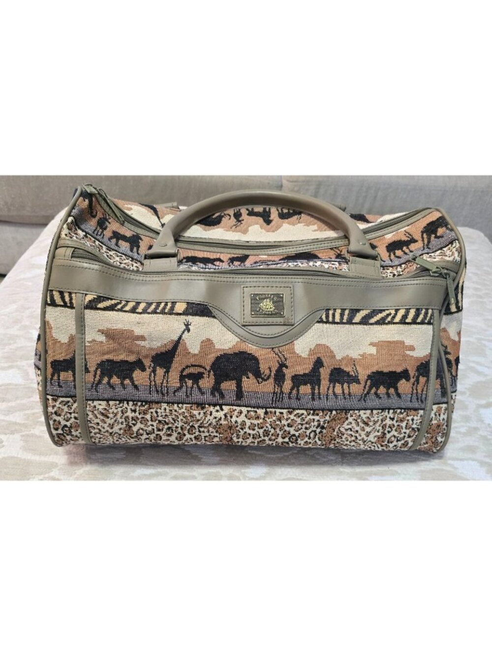VTG Pioneer Express Africa Safari Theme Tan Tapestry Weekender Travel Duffel Bag